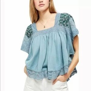 Free People Prairie Days Boho Ceramic Seafoam Crochet Detail Wing Sleeve Top